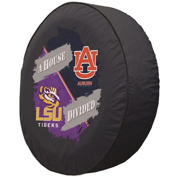 LSU Auburn House Divided Spare Tire Cover on Black Vinyl